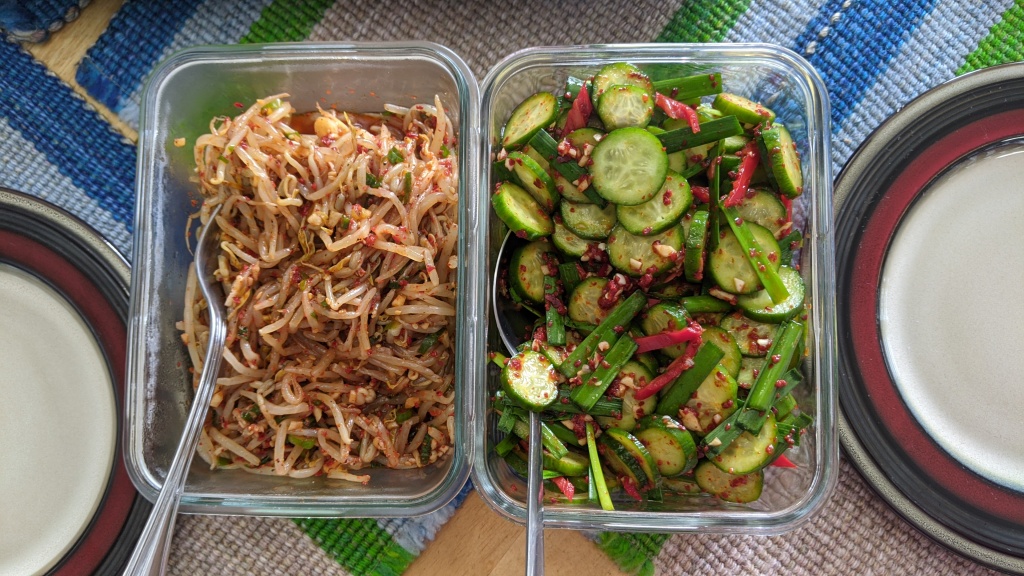 Spicy bean sprouts and Cucumber Kimchi salad